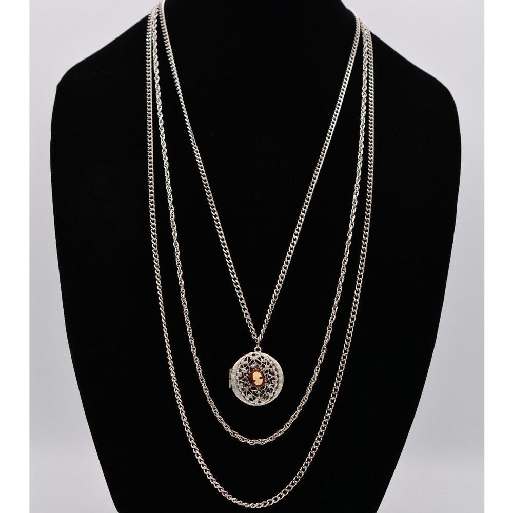 Goldette Vintage Cameo Locket Necklace Silver Tone Multi-Chain Signed 50s Bin3C